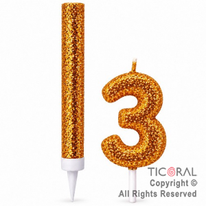 SET BENGALA Y VELA NUMERAL NUMERO 3 CON GIBRE ORO